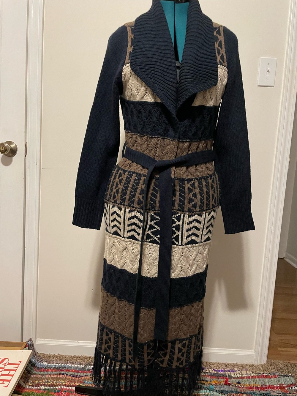 Long Shawl Collar Knit Sweater Dress in Navy, Cream & Brown